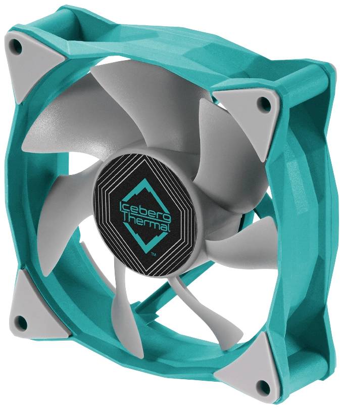 Een turquoise computerventilator met grijze schoepen en een 'Iceberg Thermal'-logo in het midden, blijkbaar bedoeld voor koeldoeleinden.
