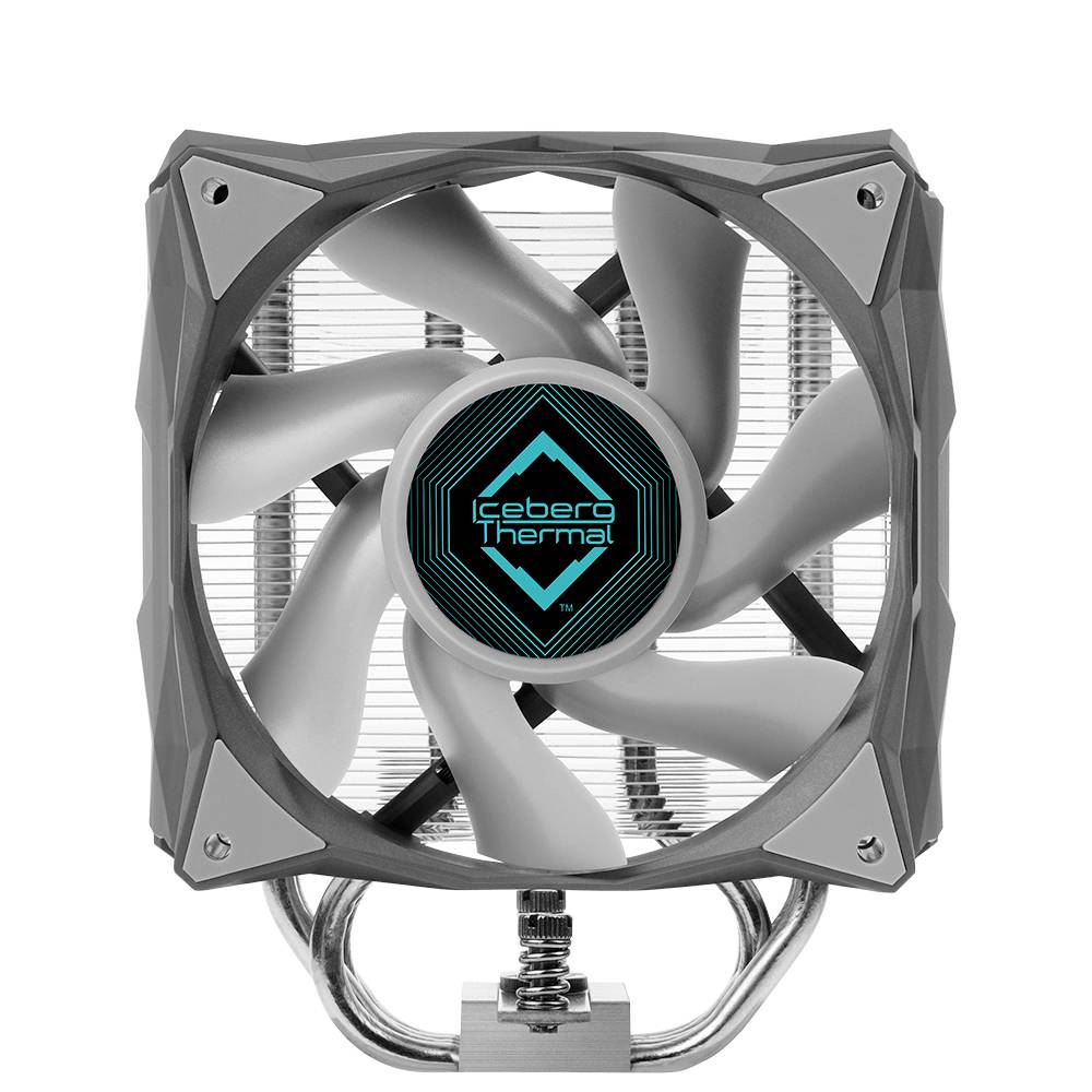 Een grijze computerventilator met een centraal logo 'Iceberg Thermal', toont een modern design met zes ventilatorbladen.