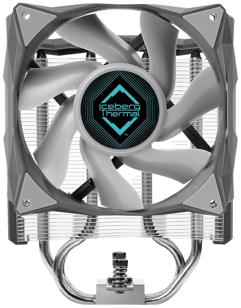 Een grijs-zilveren CPU-koeler met roterende ventilatoren, gemarkeerd met 'Iceberg Thermal' in het midden, voor de koeling van computerprocessoren.