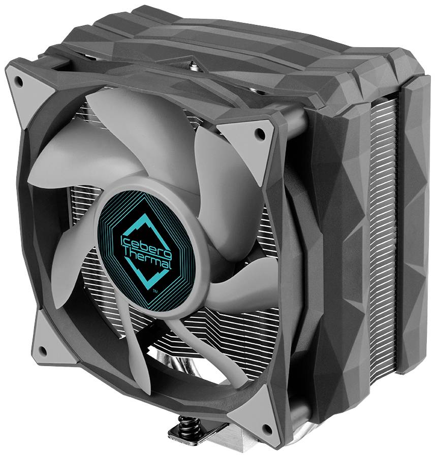 Grote grijze CPU-koeler met ventilator en koelvinnen, gemarkeerd met 'Cebrero Thermal' in blauwe letters.