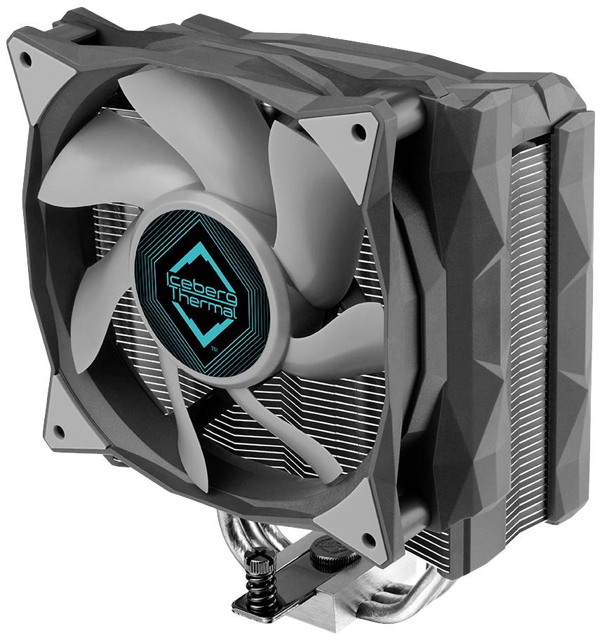 Een grijze computerventilator met een geometrisch ontwerp en het logo 'cebero Thermal' in het midden.