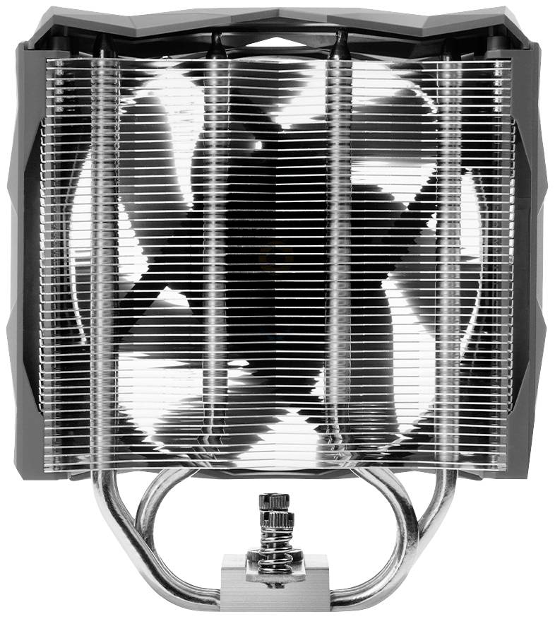 Computerluchtkoeler. Verticale rangschikking van koelribben met twee heatpipes onderaan zichtbaar. Reflecterende, zilveren oppervlakte.
