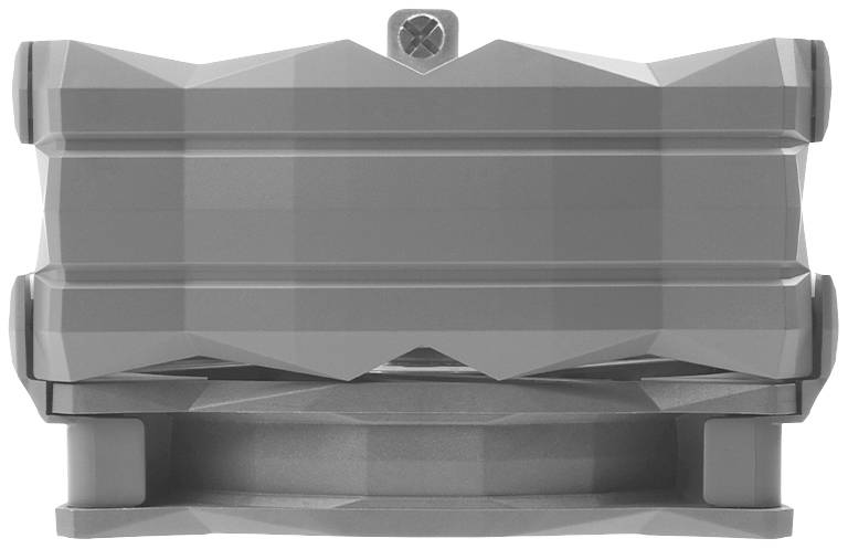 Grijze, mechanische metalen voorwerp met geometrische vormen en schroeven, in een kubistische uitvoering.