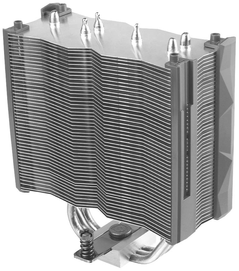 Grote CPU-koeler van metaal met meerdere parallel lopende lamellen. Bovenaan zijn vier koperen heatpipes zichtbaar.