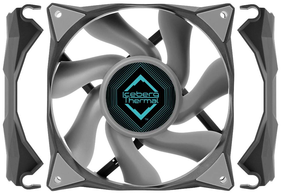 Koelventilator met grijze schoepen en het 'Iceberg Thermal'-logo in het midden.