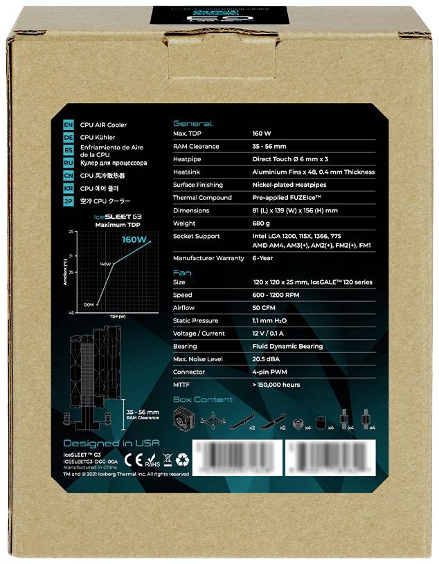 Verpakking van een CPU-koeler met technische specificaties: TDP 160 W, 6 heatpipes, ARGB-verlichting, ondersteunde socketinformatie.
