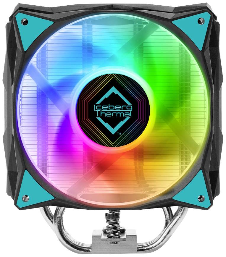 Koellichaam met een ronde, veelkleurige LED-verlichte ventilator in het midden en de tekst 'Iceberg Thermal' op de afdekking.