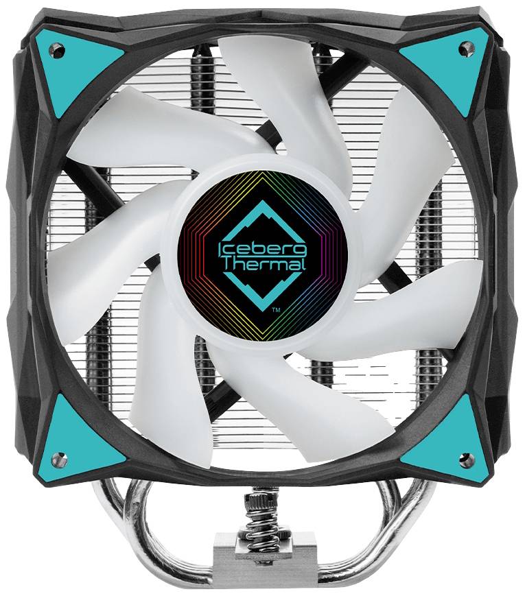'Iceberg Thermal' CPU-koeler met witte ventilatoren en een zwart-turquoise behuizing. Grote ventilator voor efficiënte koeling.
