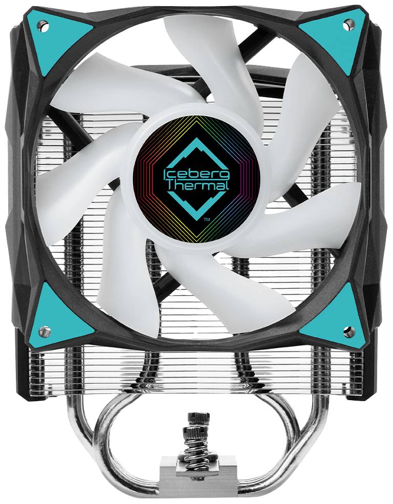 Ventilator met witte rotor, gemonteerd op een koellichaam. In het midden staat 'Iceberg Thermal'. Geschikt voor pc-koeling.