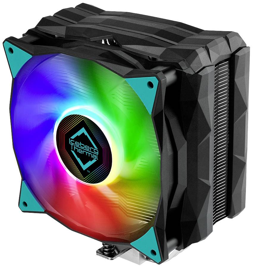 Een computerprocessorkoeler met een verlichte, regenbooggekleurde ventilator.
