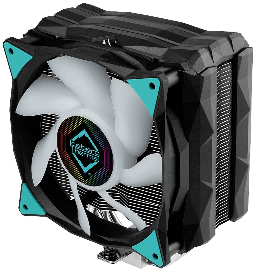 Computerkoeler met groot ventilatorrooster en witte rotor. Merk in het midden van de ventilator zichtbaar: 'Iceberg Thermal'.