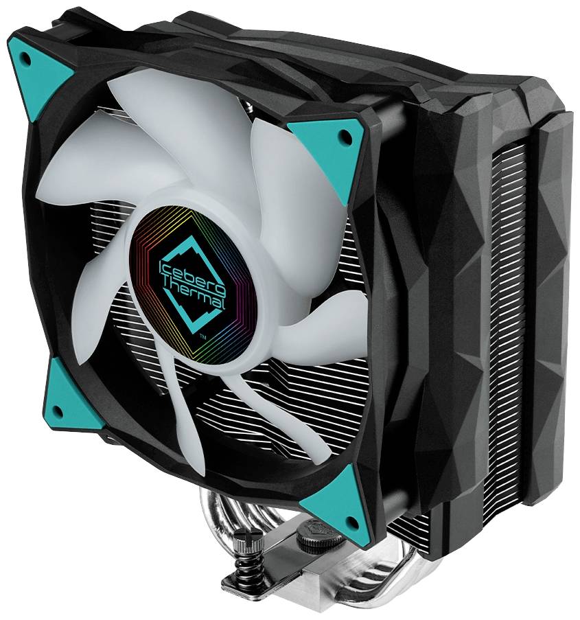 Een zwarte computerprocessor-ventilator met witte vleugels en een kleurrijk logo in het midden.