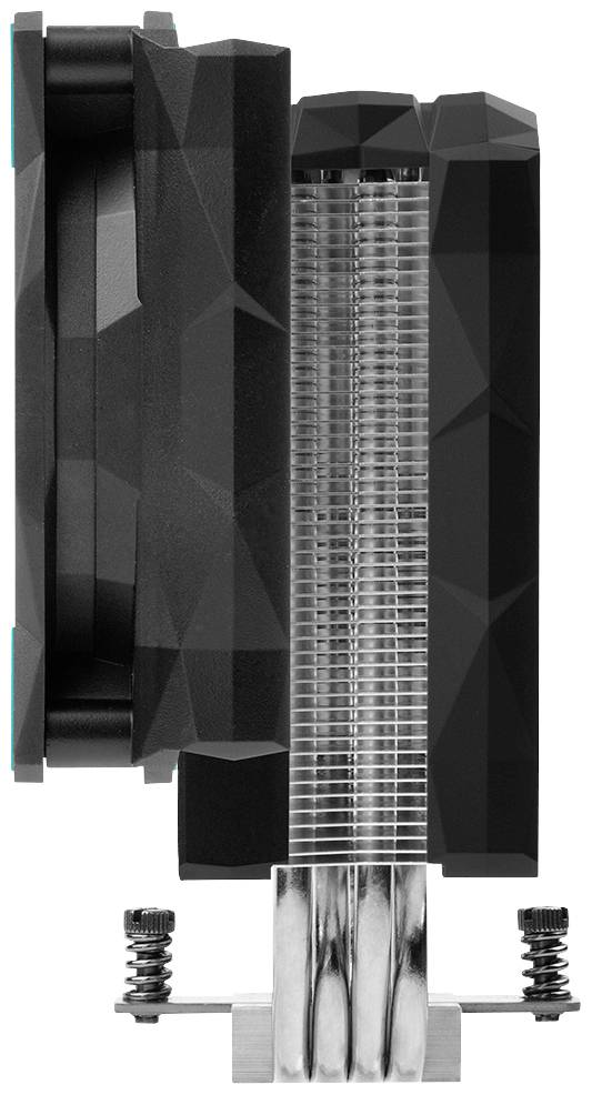 Zwarte computerventilator in moderne geometrische vorm, zijdelings gemonteerd, toont metalen koelribben met schroefbevestiging.