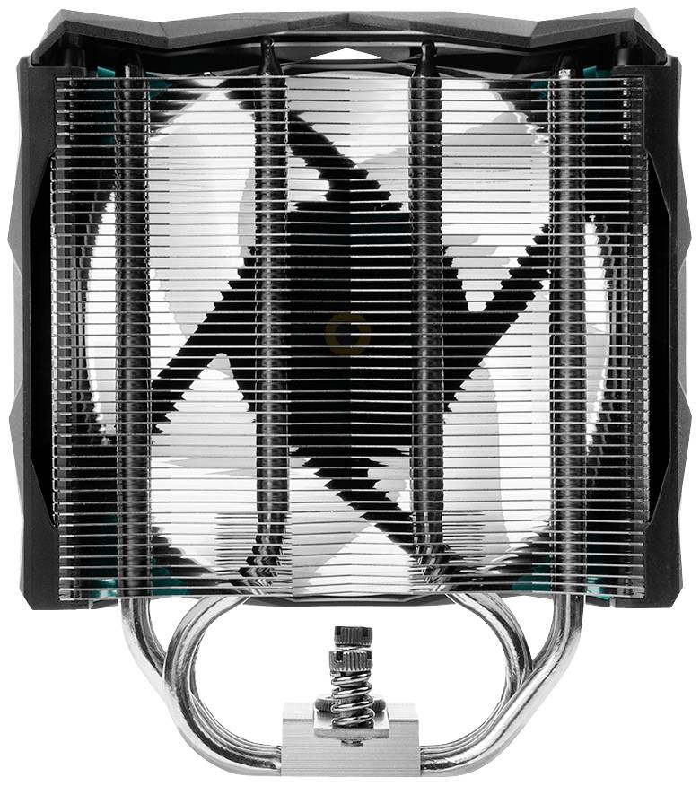 Zwarte computerprocessor-koeler met zichtbare ventilatorbladen en koelribben, ontworpen voor efficiënte warmteafvoer.