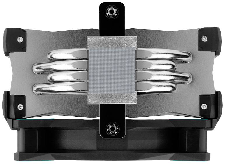 Een vierkante CPU-koeler met metalen heatpipes. Voornamelijk in zilver en zwart uitgevoerd, met de nadruk op koelfunctie.