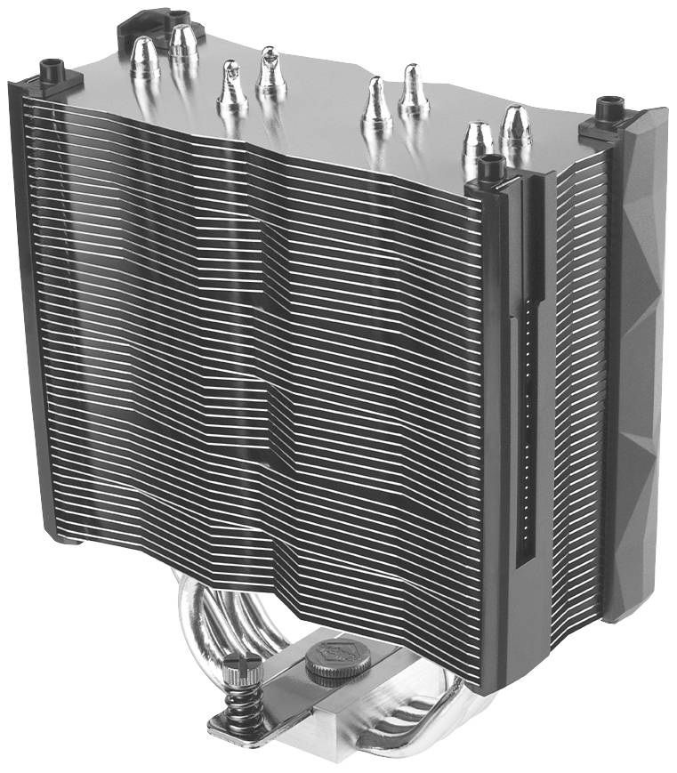Een metalen CPU-koeler met meerdere koelvinnen en heatpipes voor efficiënte warmteafvoer.