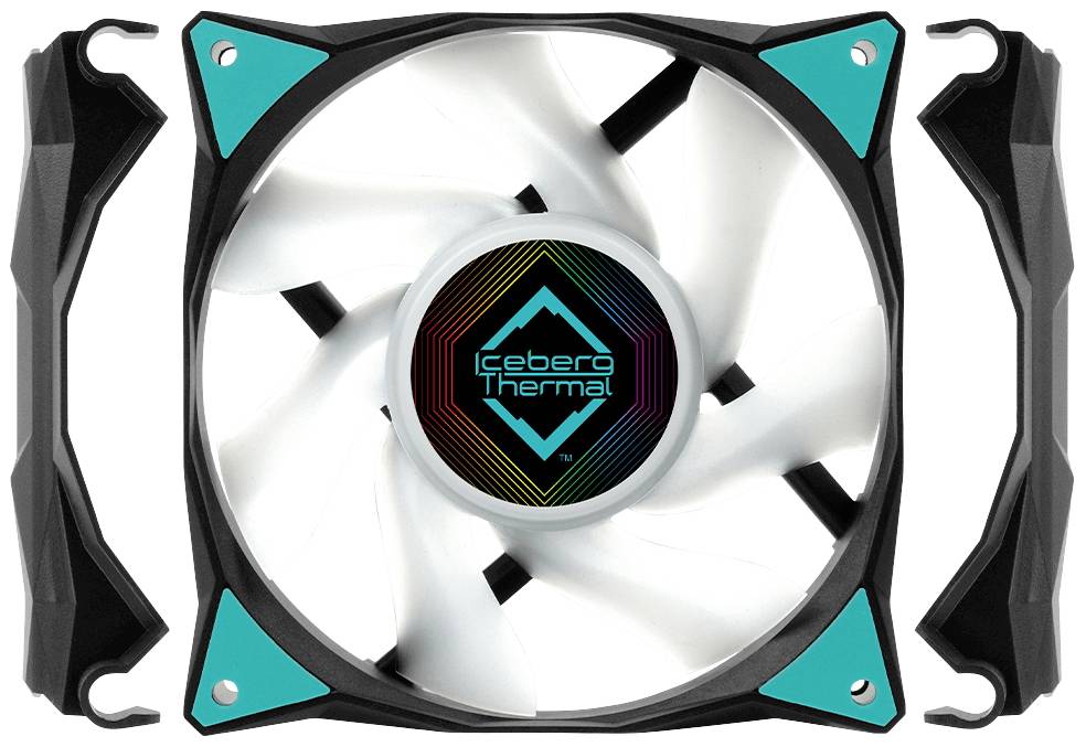 Pc-ventilator met blauwe accenten en de aanduiding 'Iceberg Thermal' in het midden.