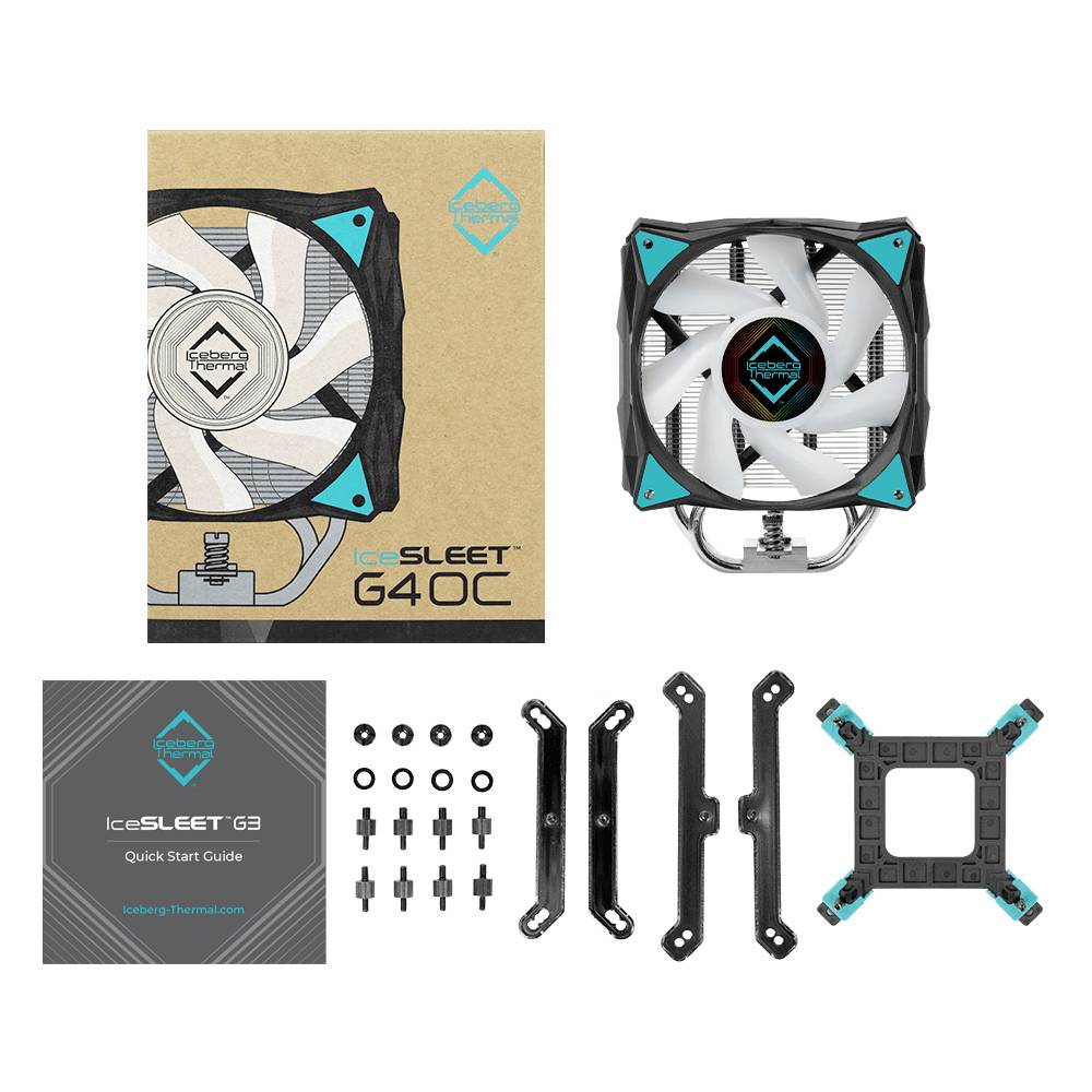'IceSLEET G4OC' CPU-koeler met ventilator, verpakking, schroeven, montagebeugels en handleiding. Hoofdzakelijk in zwart, blauw en zilver.