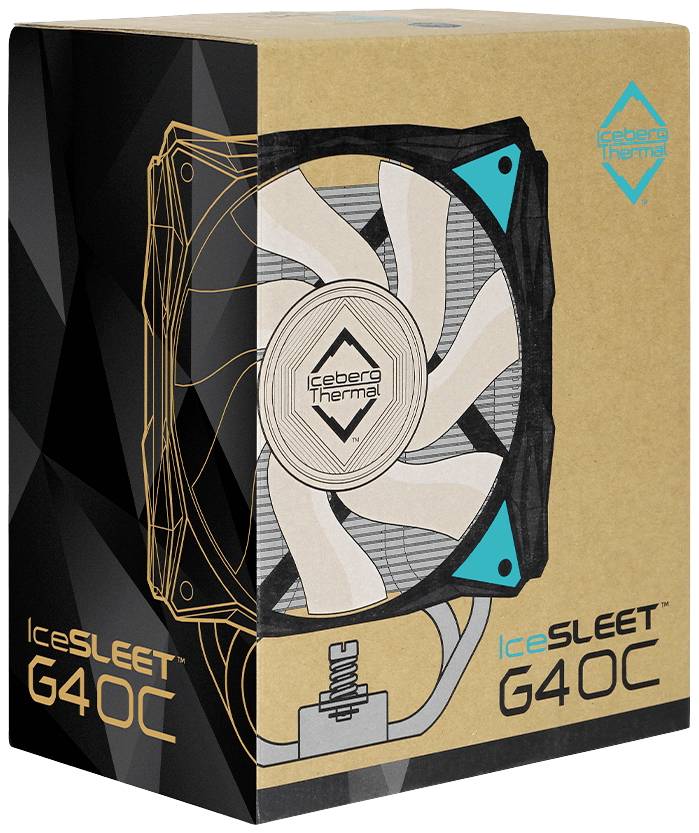 Verpakking van de 'IceSLEET G4OC' CPU-koeler van Iceberg Thermal, met een afbeelding van het apparaat en logo op de voorzijde.