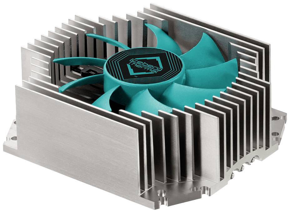 Koellichaam met geïntegreerde ventilator van metaal, met een groen-blauwe rotor en een opvallend design; wordt gebruikt voor warmteafvoer in elektronische apparaten.