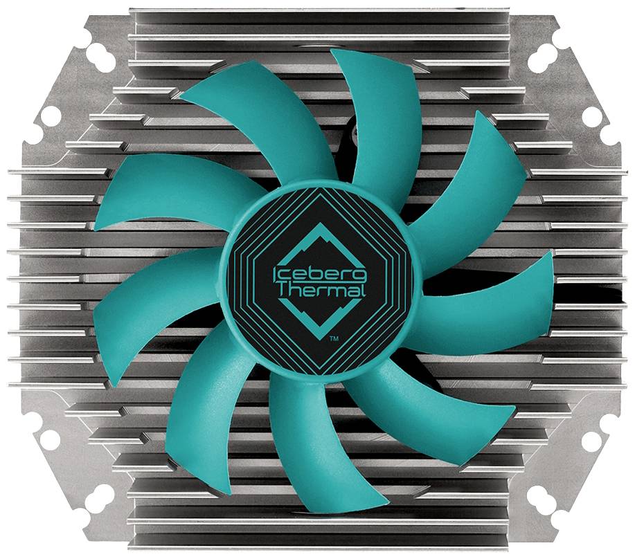 Ventilator met groen-blauwe rotorbladen en koellichaam, 'Iceberg Thermal' merklogo in het midden, voor computerkoeling.