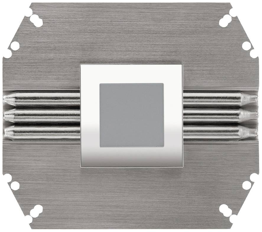 Metalen plaat met een centraal vierkant display, omgeven door lamellen en bevestigingspunten in de hoeken.