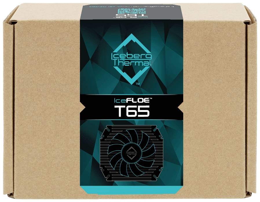 Kartonnen verpakking met het logo 'Iceberg Thermal', model 'IceFLOE T65'. Grafische weergave van een koelwaaier aan de voorkant.