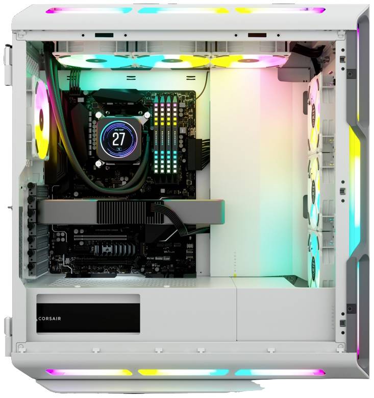 Transparante computerbehuizing met verlichte RGB-verlichting en zichtbare hardware, waaronder processor, videokaart en ventilatoren.