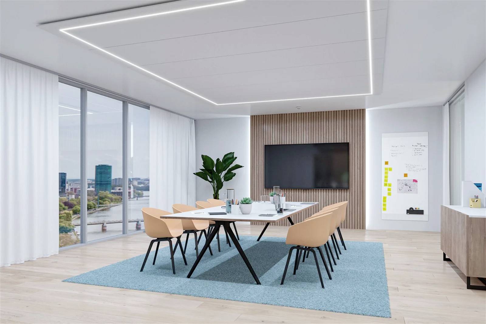 Moderne vergaderruimte met grote tafel, acht stoelen, flatscreen aan de muur, planten, een grote raampartij en een tapijt.