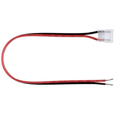 Een rood-zwart kabel met open uiteinde en een transparante stekker.
