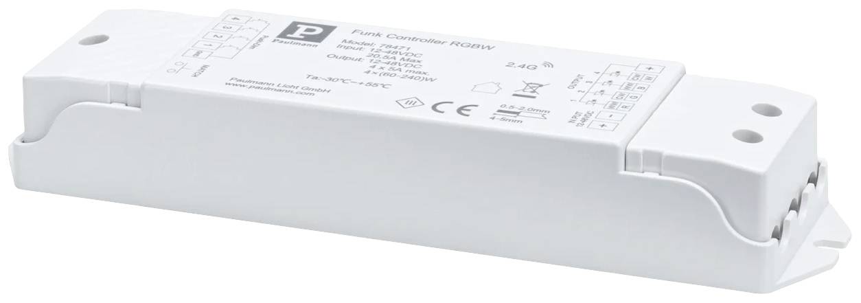 Een rechthoekig, wit apparaat met bedieningselementen en technische opschriften bovenop. Het is een draadloze controller voor LED-verlichting.