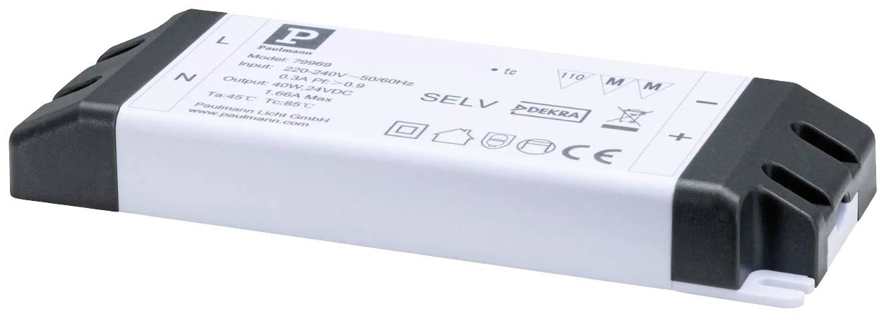 Voedingseenheid met CE- en DEKRA-keurmerk. Gemerkt met 'SELV'. Geschikt voor binnenverlichting met LED.