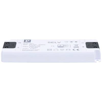 Langwerpige elektronische transformator voor LED-verlichting, met technische specificaties en aansluitklemmen aan de uiteinden.