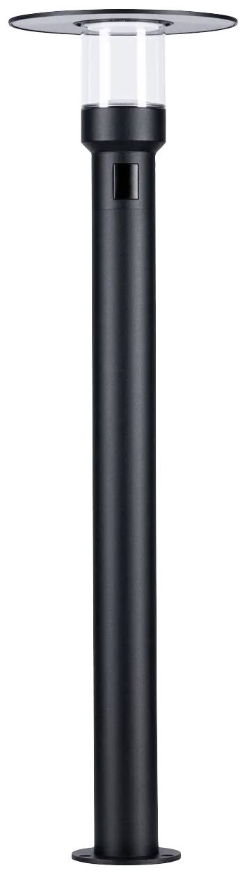 Zwarte, slanke staande lamp met een rond, transparant lampenkap bovenaan. Stijlvol ontwerp voor buitenruimtes.
