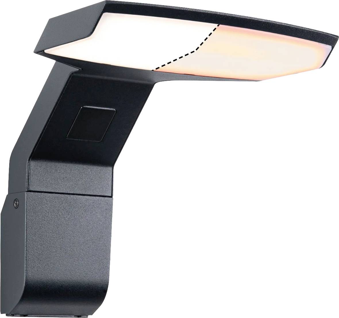 Een moderne zwarte buitenlamp met een schuin, plat verlichtingshoofd en LED-verlichting. Hij is geschikt voor wandmontage.