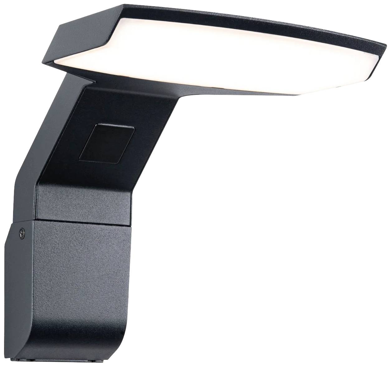 Zwarte, moderne buitenlamp met rechthoekige verlichtingskop en wandbevestiging, geschikt voor sfeervolle buitenverlichting.