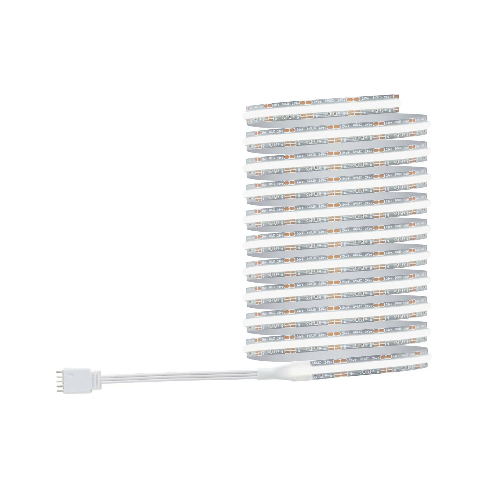 Led-strips, opgerold en verbonden met een wit snoer, geschikt voor verlichting of decoratie.