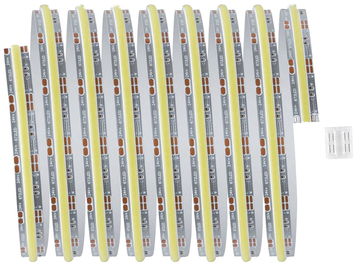 Led-strips in verpakking, parallel naast elkaar, met verschillende technische componenten; een contactstuk ligt ernaast.