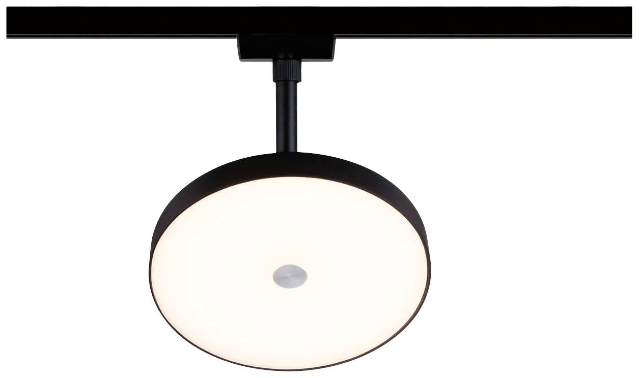 Ronde, moderne plafondlamp in zwart-wit met een mat verlichtingslichaam in het midden, bevestigd aan een rechte metalen steun.