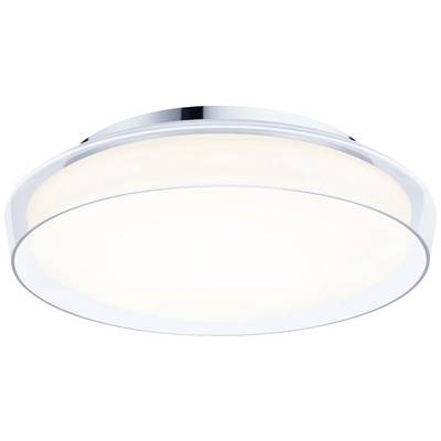 Ronde plafondlamp met een strak, modern design; wit licht, gevat in glanzend metaal. Ideaal voor binnenruimtes.
