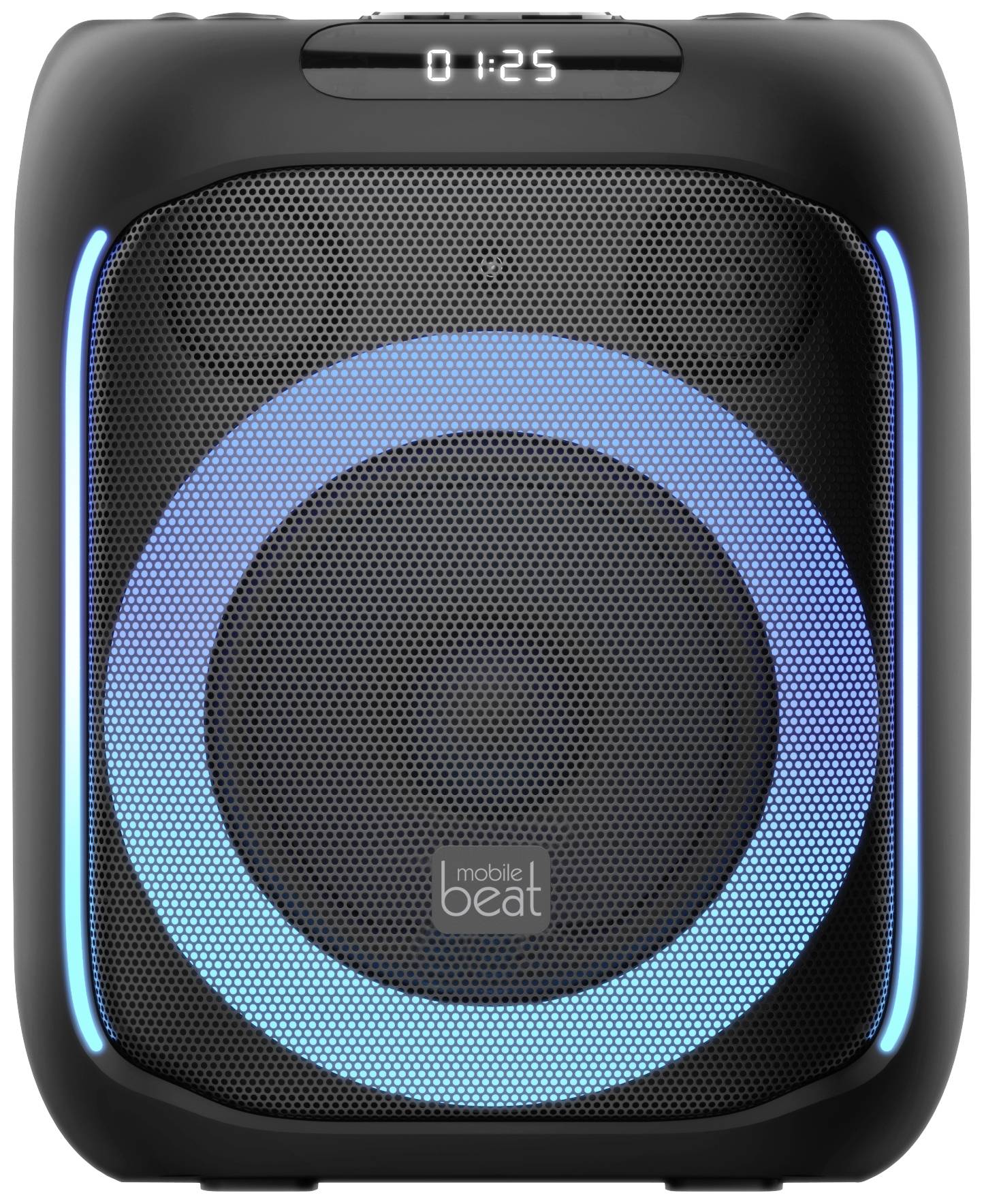 Draagbare luidspreker met blauwe LED-ring en digitale tijdsaanduiding '01:25' bovenaan. Merklogo 'mobile beat' onderaan op de luidspreker zichtbaar.