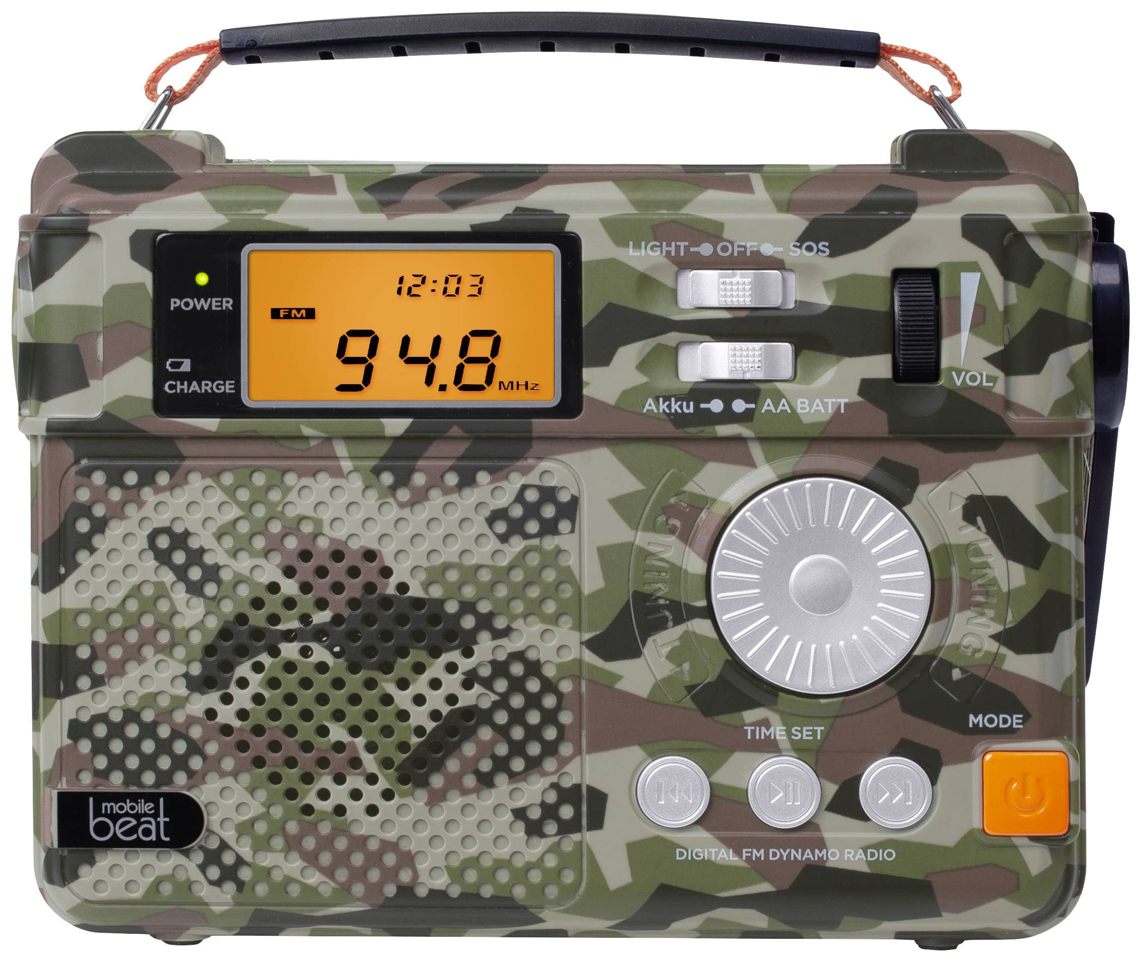Draagbare radio in camouflagedesign met digitaal display dat 94.8 MHz aangeeft. Voorzien van volumeregelaar en modustoetsen.