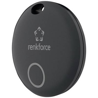 Zwarte, ovale Bluetooth-tracker met het 'renkforce'-logo, gebruikt voor locatiebepaling en het terugvinden van voorwerpen.