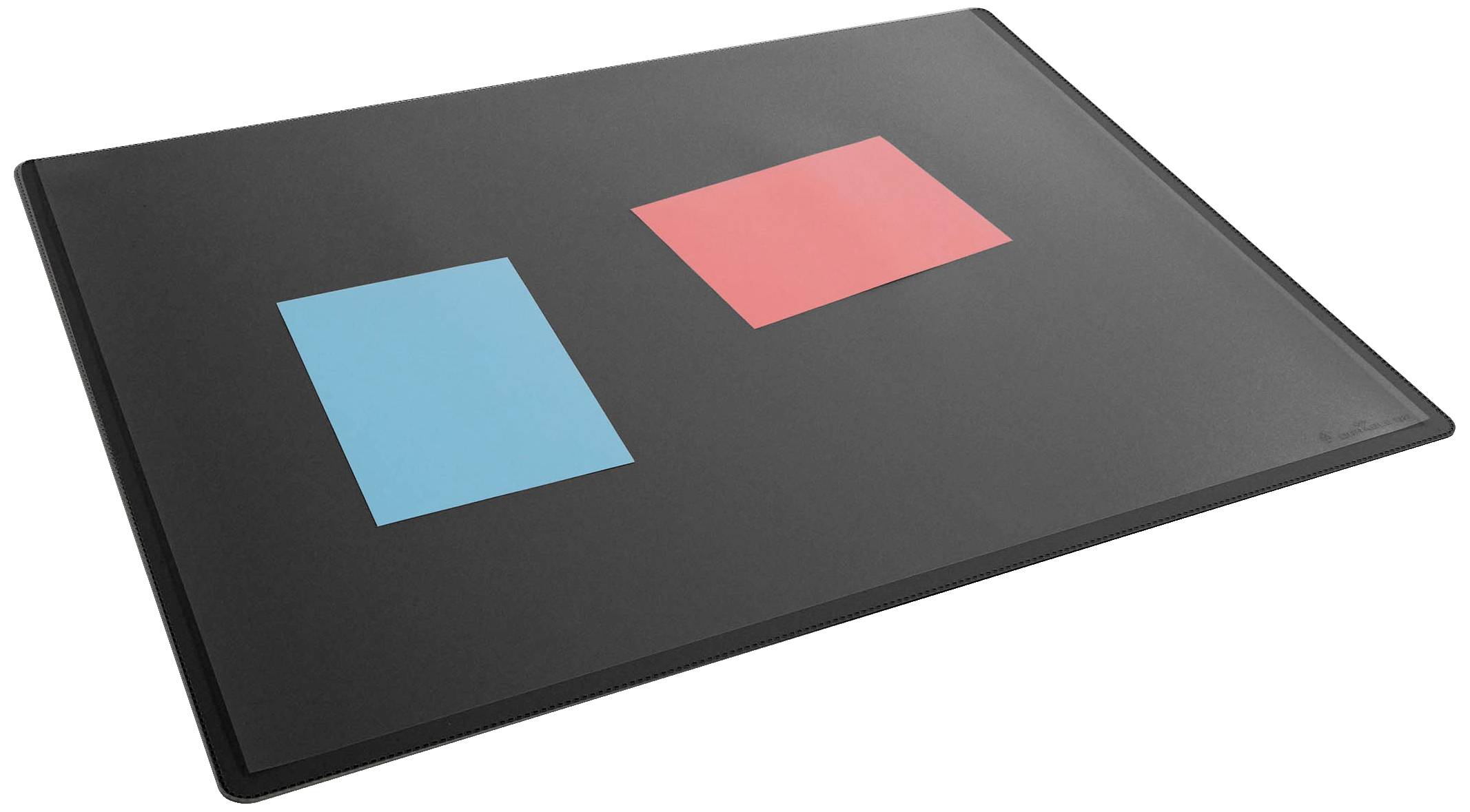Een zwart mat oppervlak met twee gekleurde vierkanten: links blauw, rechts rood. Ze zijn even groot en naast elkaar geplaatst.