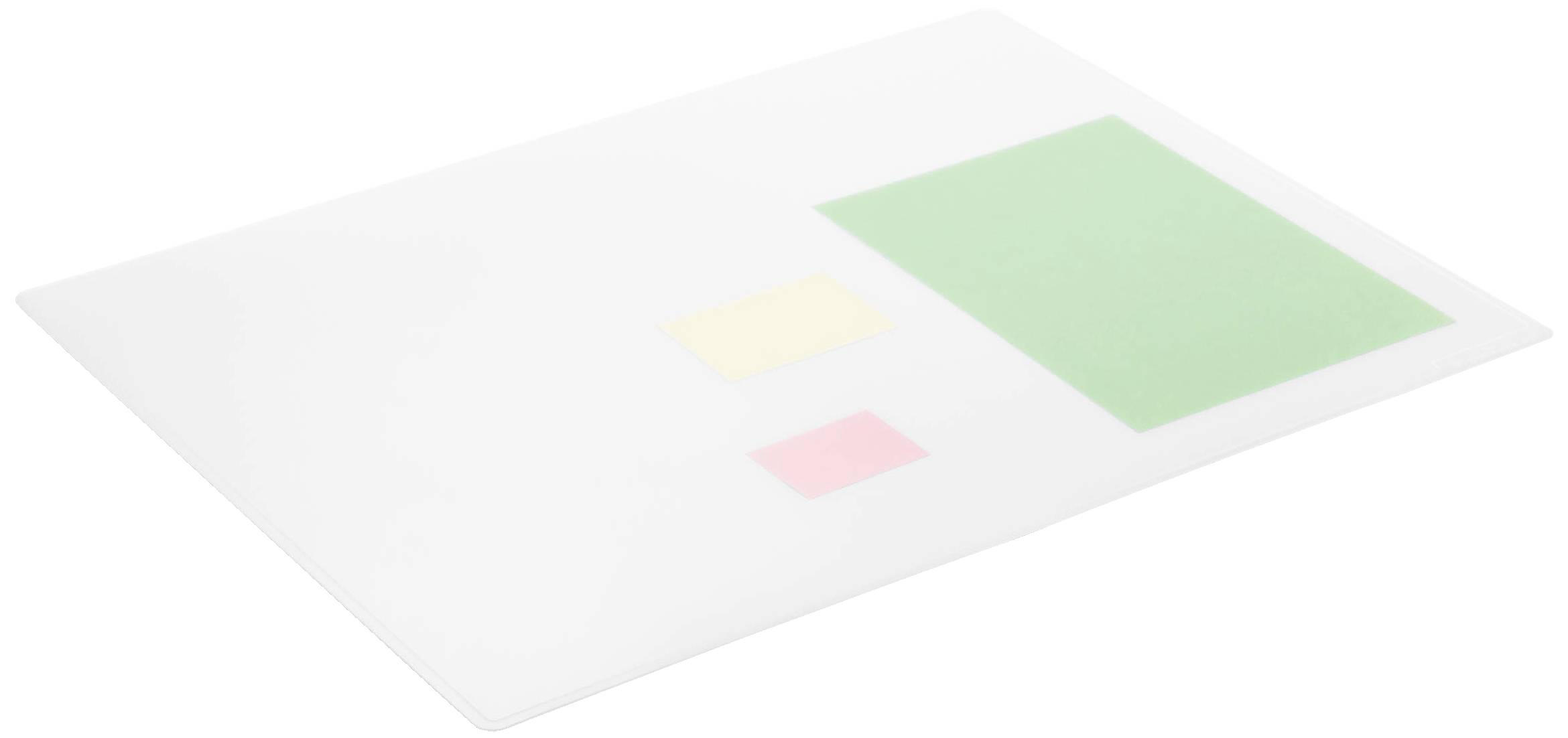 Een rechthoekig dienblad met drie rechthoeken van verschillende grootte en kleur: groen, geel en roze.
