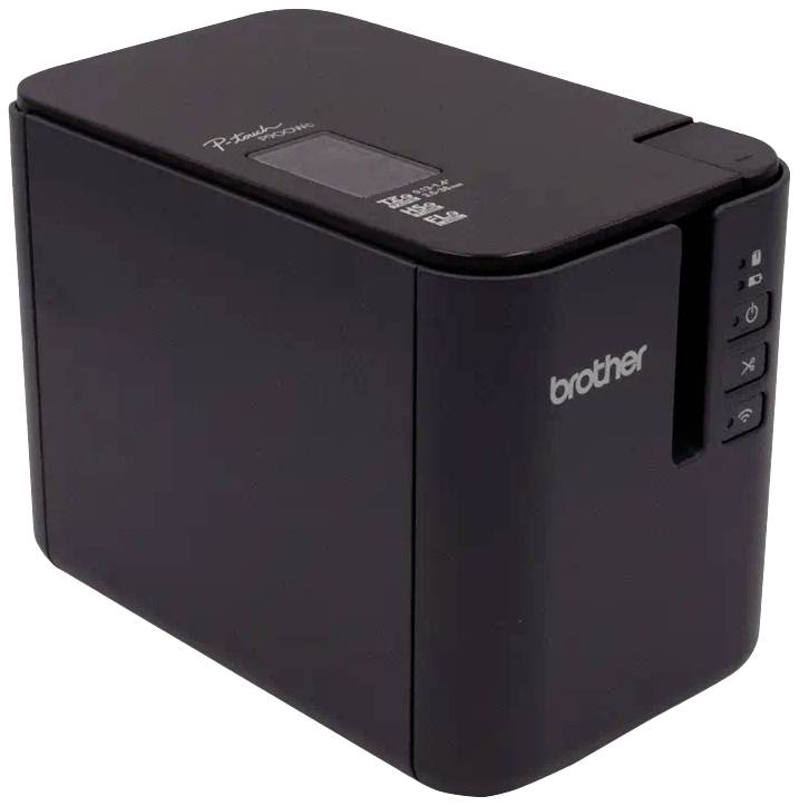 Een zwarte Brother-labelprinter met meerdere bedieningsknoppen aan de zijkant, geschikt voor het maken van etiketten.