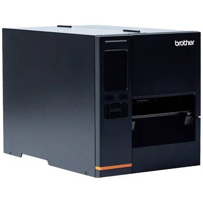 Zwarte industriële etikettenprinter met een frontopening voor etiketuitvoer, geschikt voor hoge prestaties en grote afdrukvolumes.