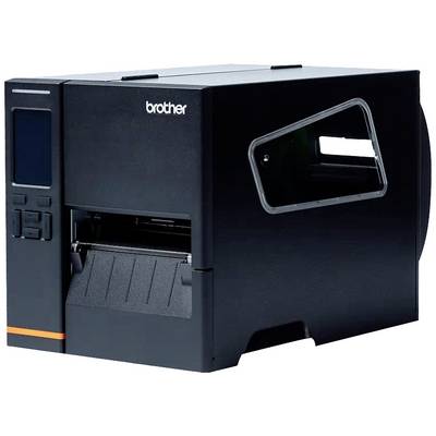 Een zwarte etikettenprinter met display en knoppen aan de voorkant, merknaam bovenaan zichtbaar. Geschikt voor het afdrukken van etiketten op rollen.