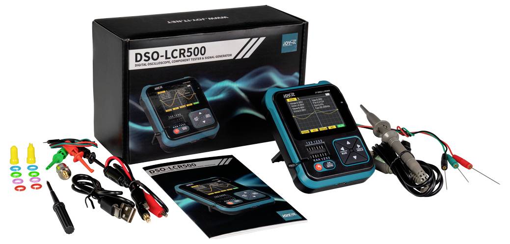 Multimeter-set DSO-LCR500 met toebehoren: testkabels, krokodillenklemmen, USB-kabel, gebruikershandleiding en verpakkingsdoos.