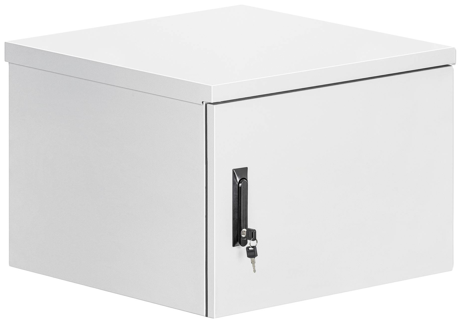 Een witte metalen kast met een afsluitbare deur en een klein sleuteltje in het slot.